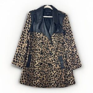 Ashley Stewart Leopard Print Faux Leather Trim Trench Coat Mobwife 14/16